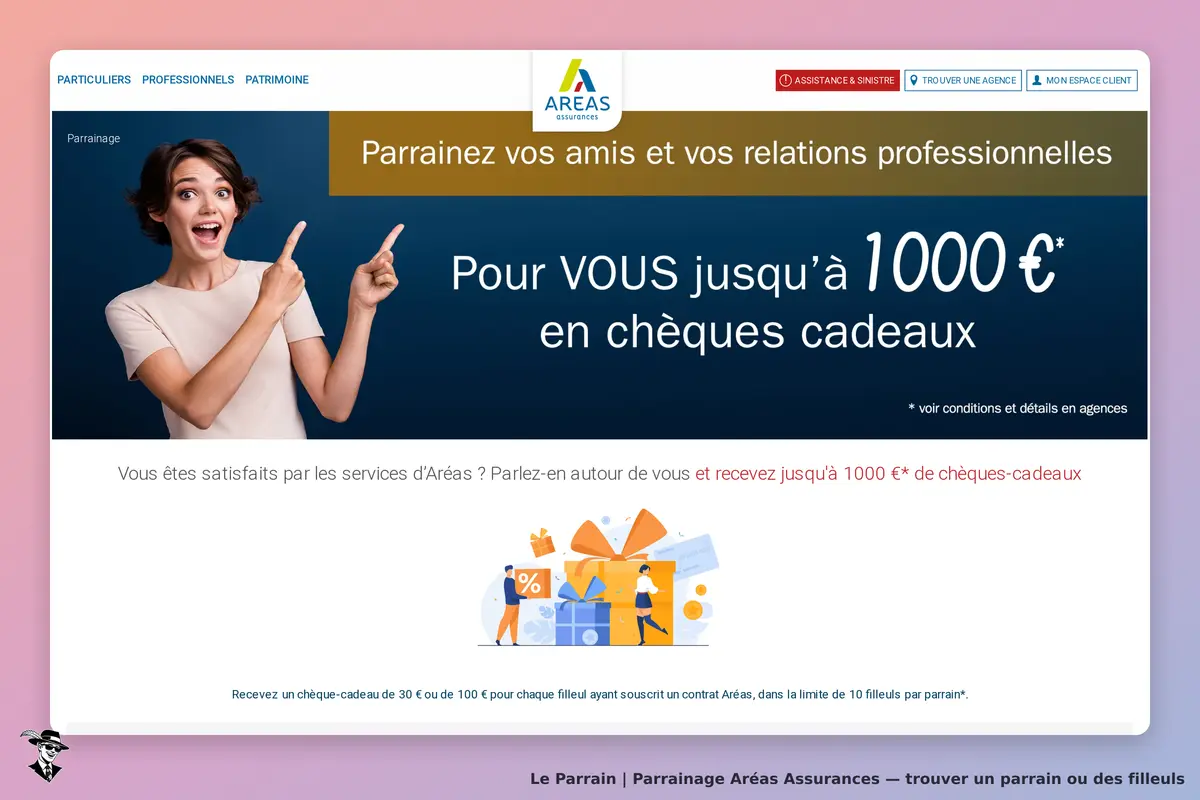 Aréas Assurances : page d'accueil avec une femme souriante et un message sur le parrainage