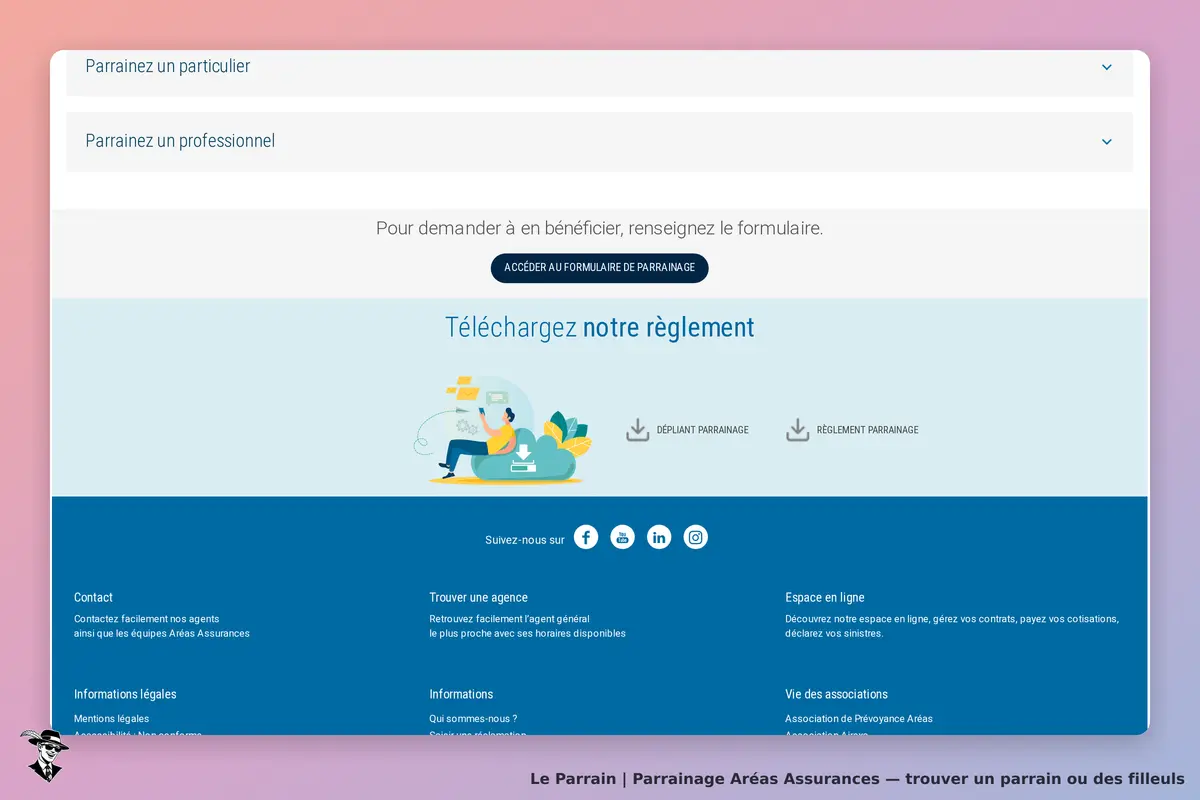 Aréas Assurances : section de parrainage avec options pour particuliers et professionnels