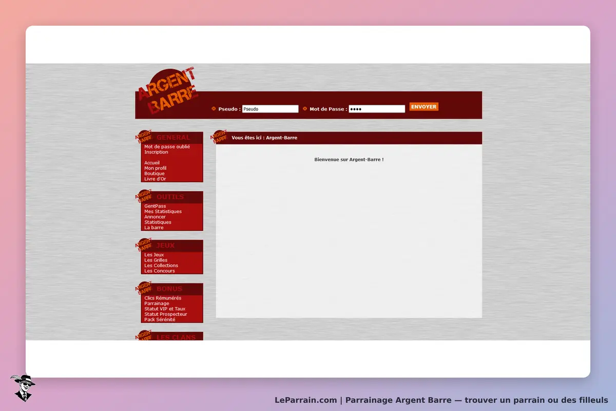 Argent Barre : page d'accueil avec formulaire de connexion et menu de navigation à gauche