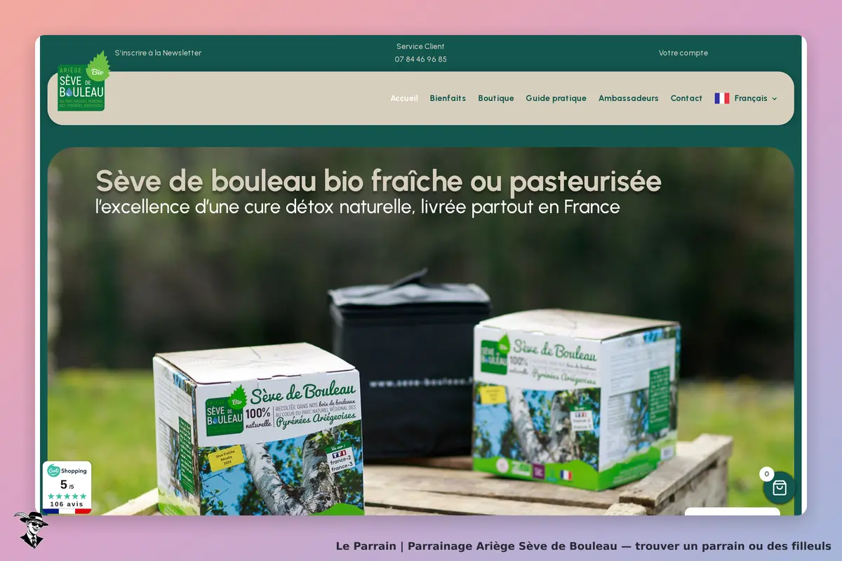 Ariège Sève de Bouleau : produits en boîte sur une table, avec un sac noir en arrière-plan