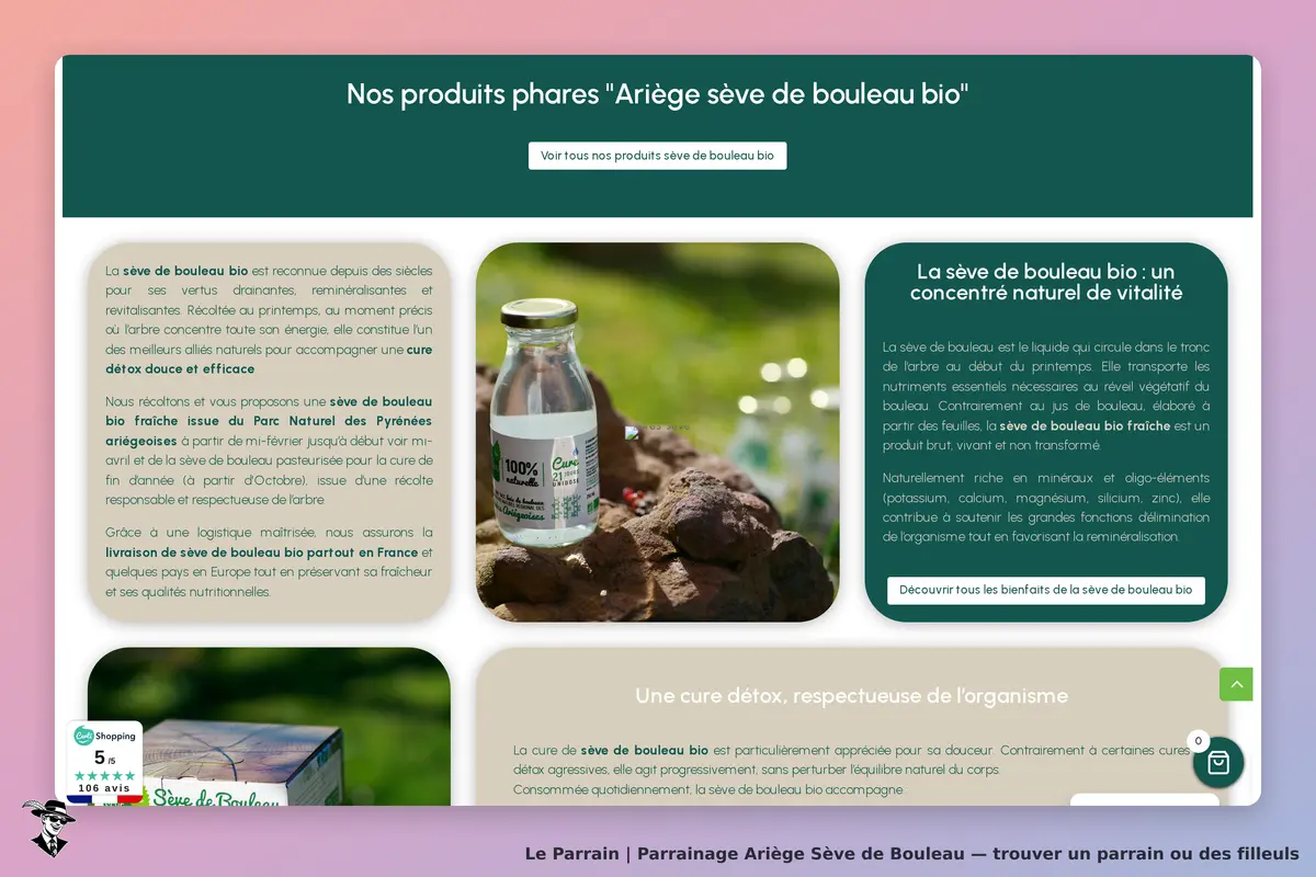 Ariège Sève de Bouleau : page d'accueil présentant des produits et une bouteille de sève de bouleau