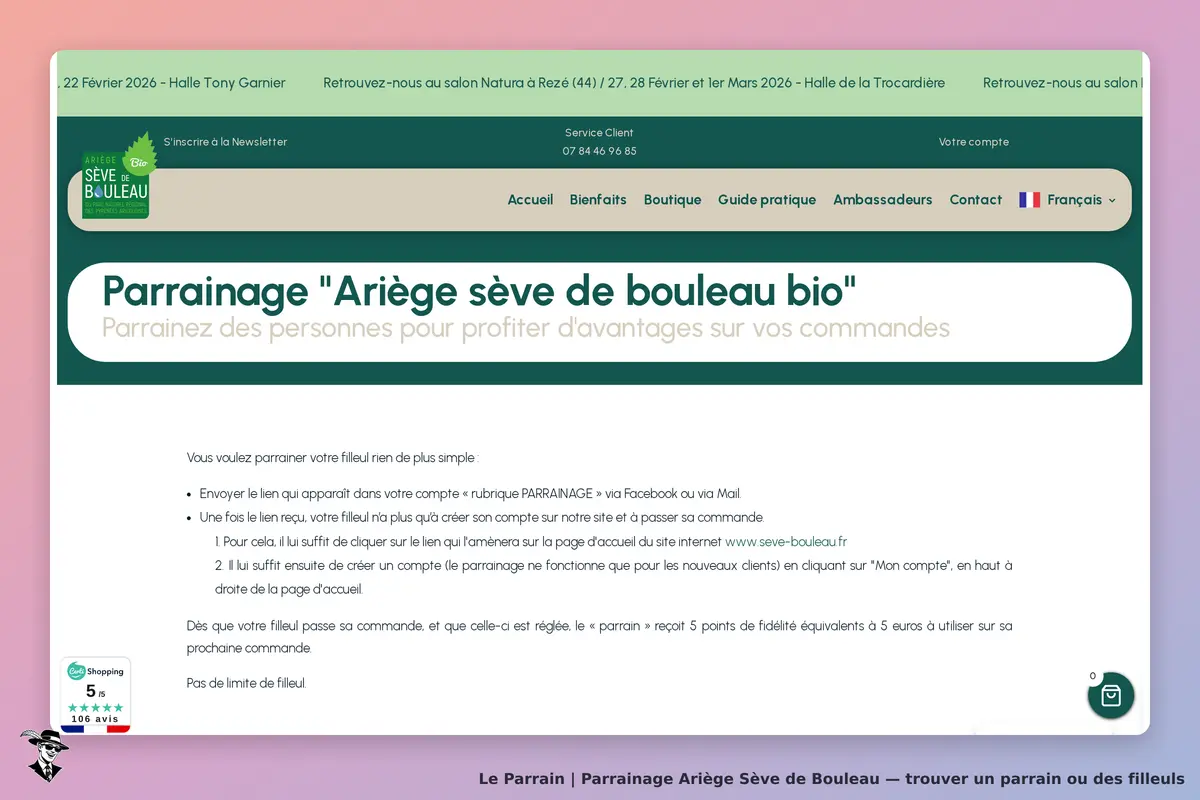 Ariège Sève de Bouleau : page de parrainage avec instructions et informations sur le programme