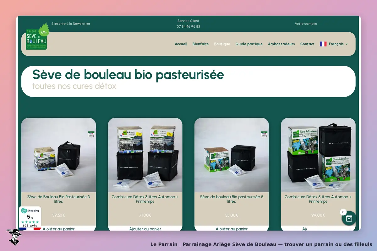 Ariège Sève de Bouleau : page de catégorie avec plusieurs produits de sève de bouleau affichés