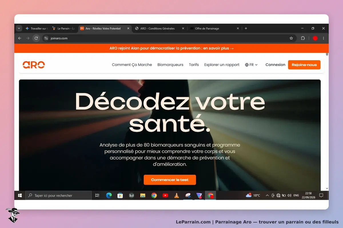 Aro : page d'accueil avec le message "Décodez votre santé" et un bouton pour commencer le test