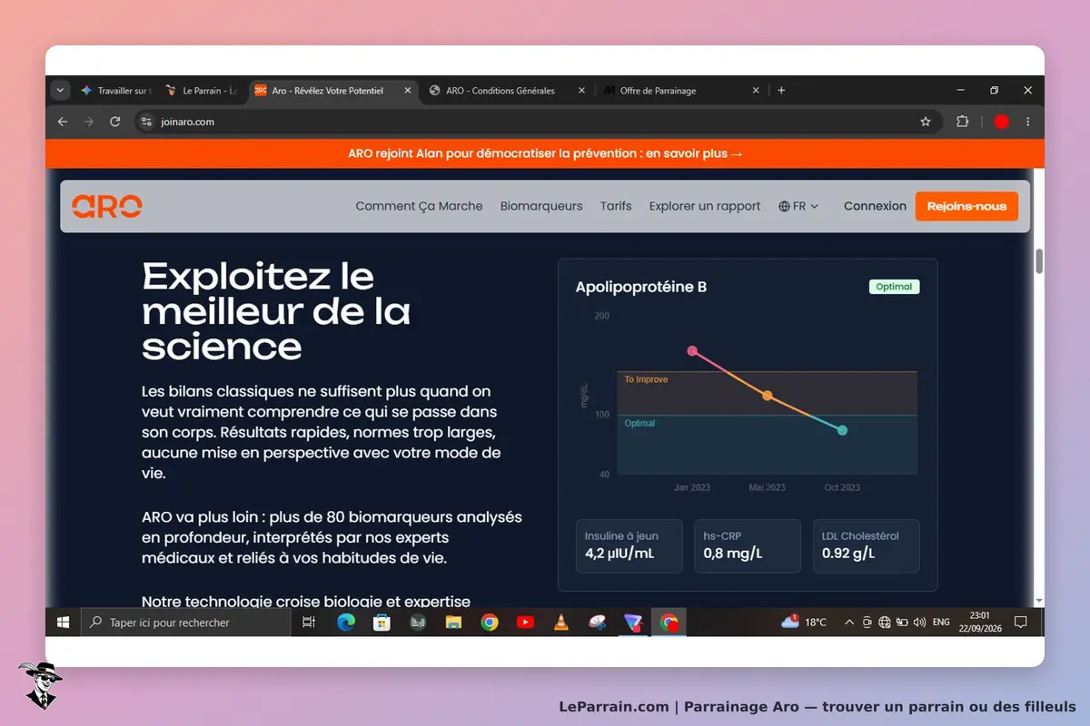 Aro : page d'accueil avec graphique sur l'apolipoprotéine B et informations biomarqueurs
