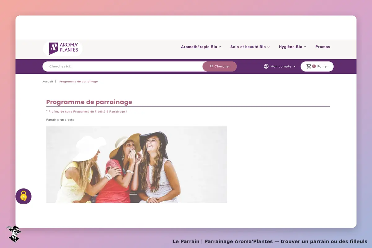 Aroma'Plantes : page du programme de parrainage avec trois femmes souriantes portant des chapeaux