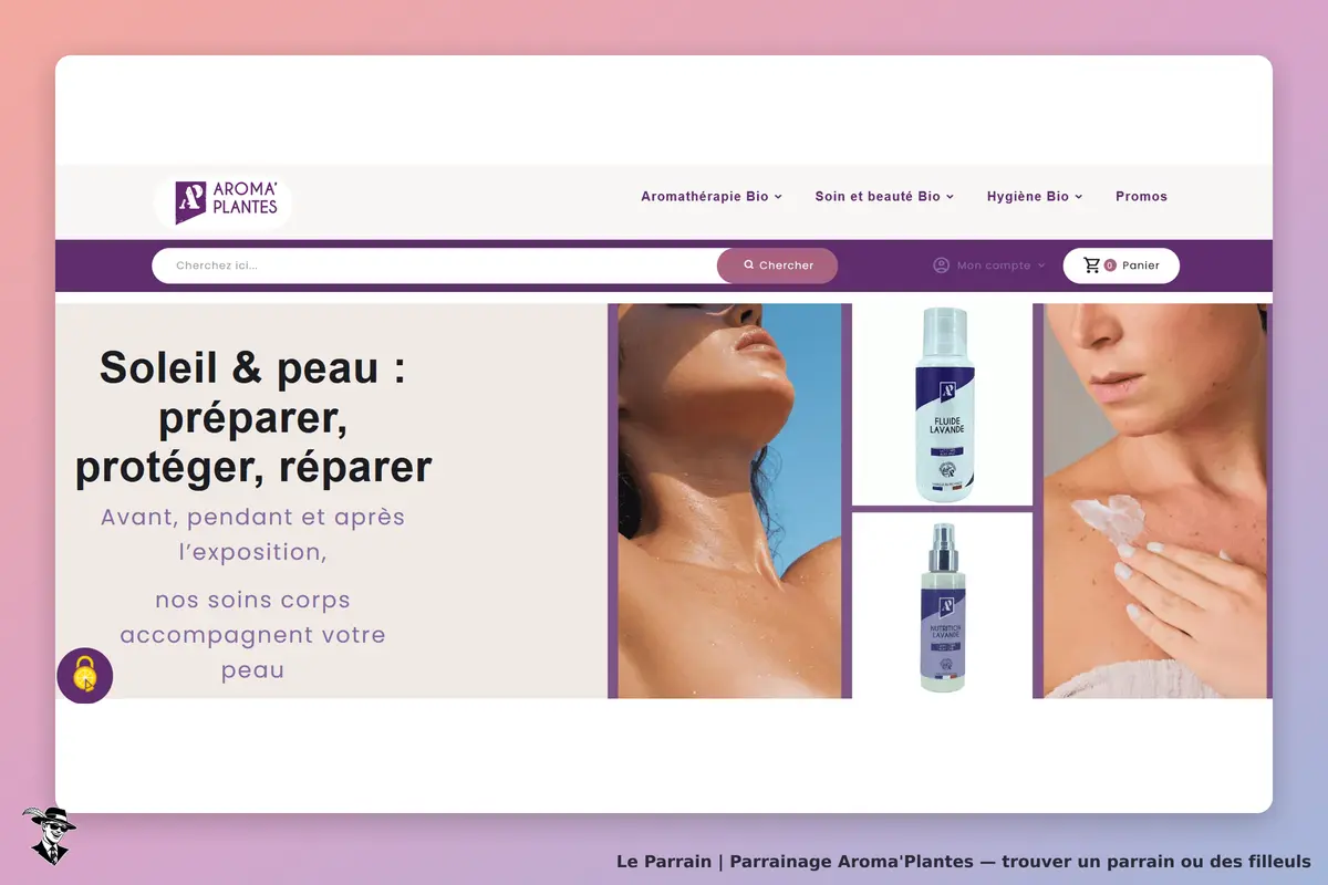 Aroma'Plantes : page d'accueil avec produits pour le soin de la peau au soleil