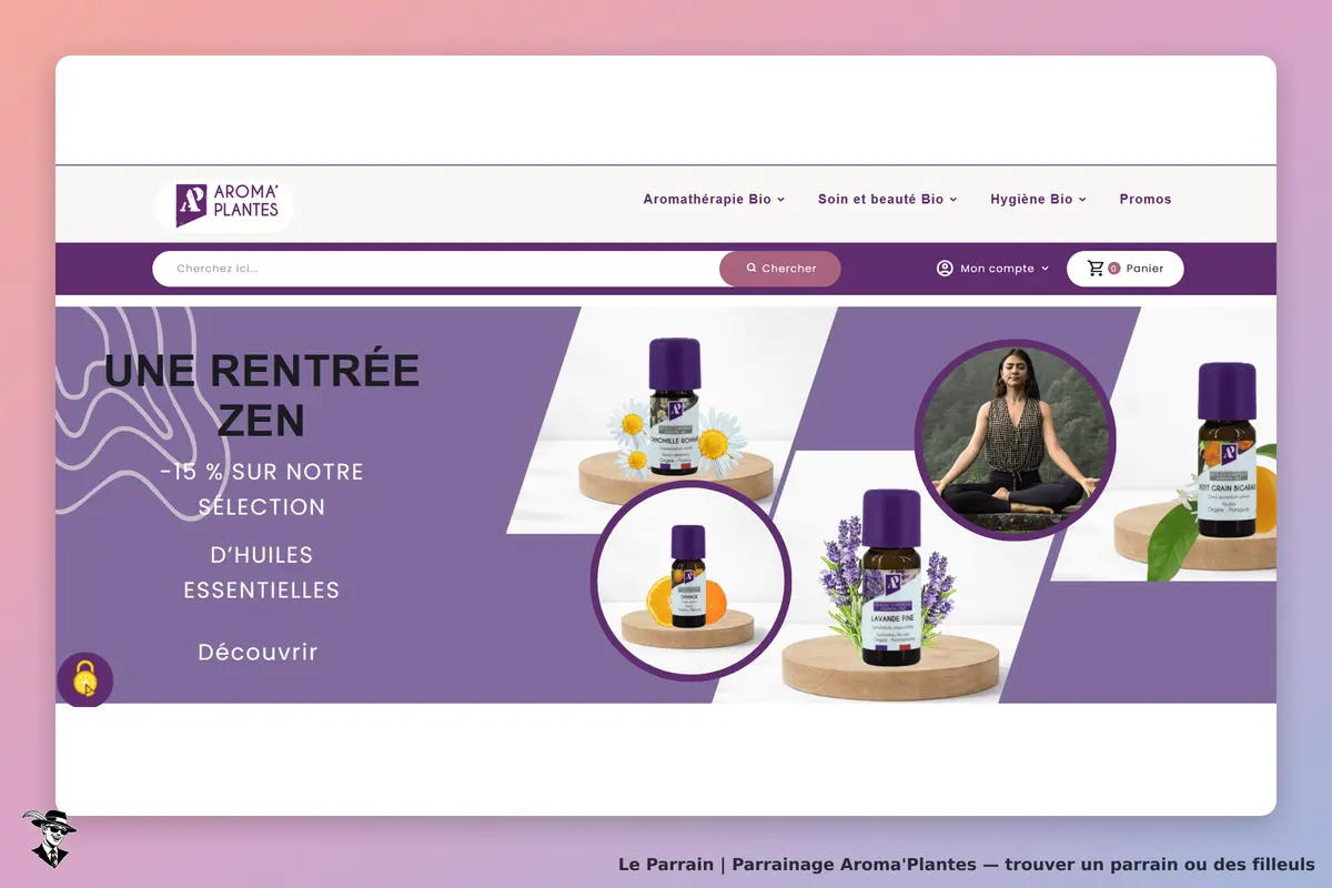 Aroma'Plantes : page d'accueil avec huiles essentielles et visuel zen en arrière-plan