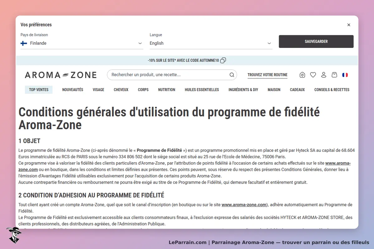 Aroma-Zone : conditions générales d'utilisation du programme de fidélité affichées sur la page