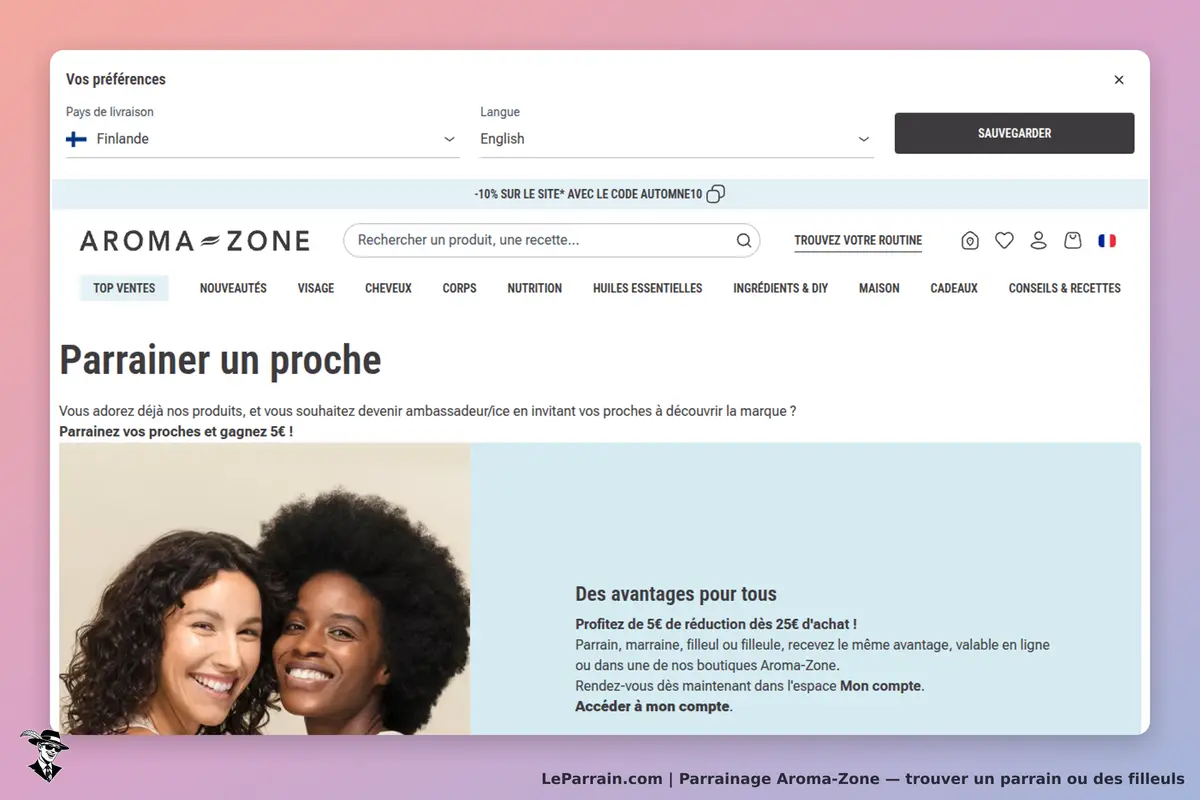 Aroma-Zone : page d'accueil avec section sur le parrainage et deux femmes souriantes