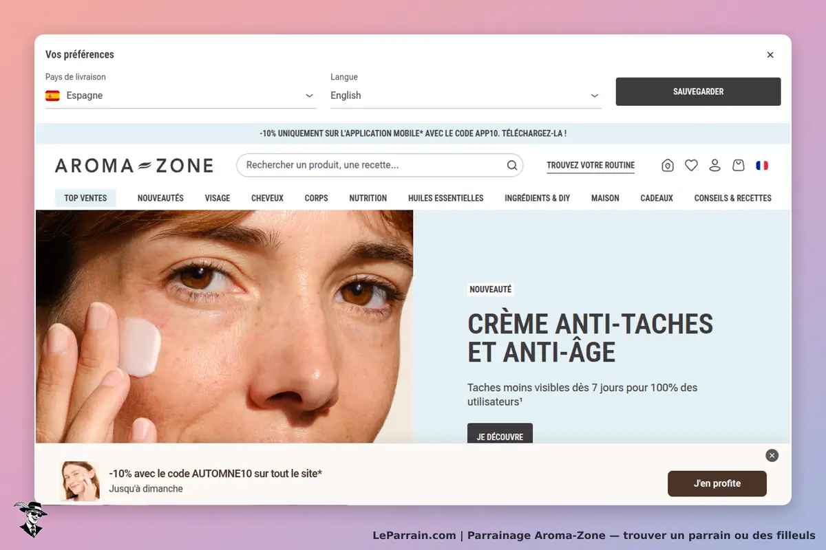Aroma-Zone : page d'accueil avec un produit de soin et une femme appliquant une crème sur son