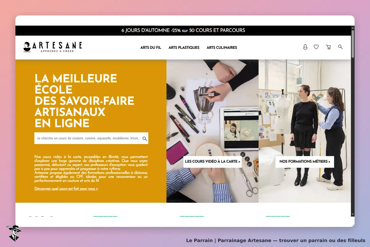 Artesane : page d'accueil présentant des cours d'arts et savoir-faire artisanaux en ligne