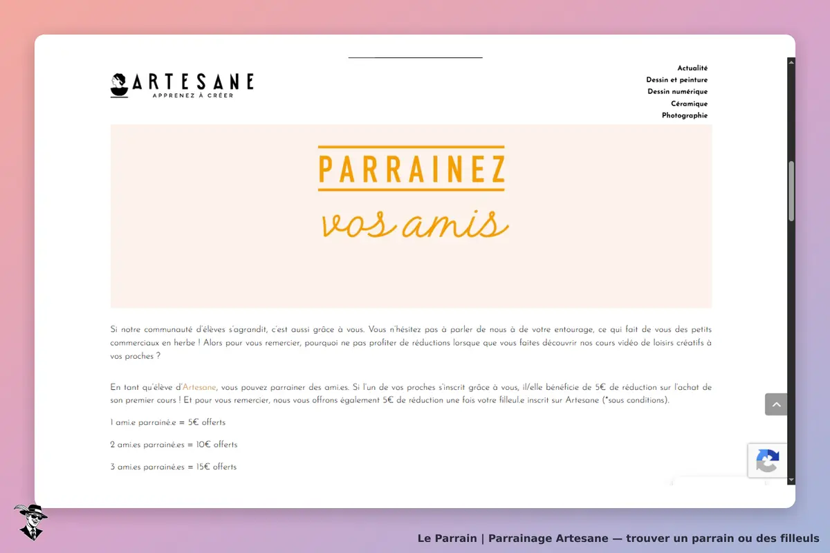 Artesane : page d'accueil avec l'invitation à parrainer des amis et des informations sur le