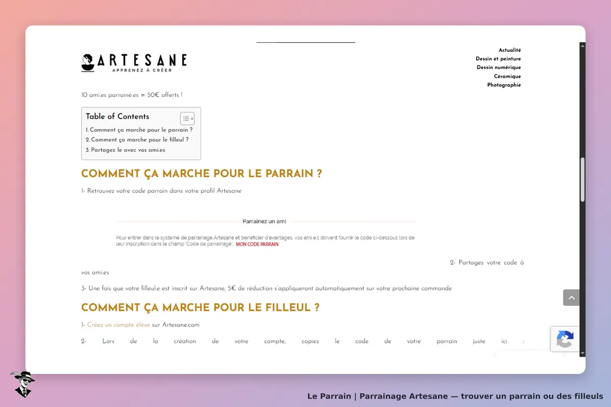 Artesane : page expliquant le fonctionnement du parrainage pour le parrain et le filleul
