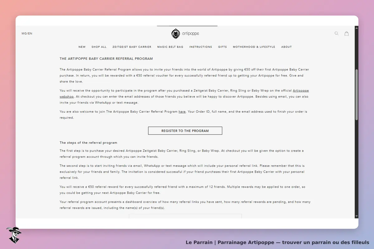 Artipoppe : page d'accueil présentant le programme de parrainage pour porte-bébés