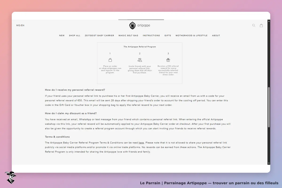 Artipoppe : section sur le programme de parrainage avec étapes et conditions d'utilisation
