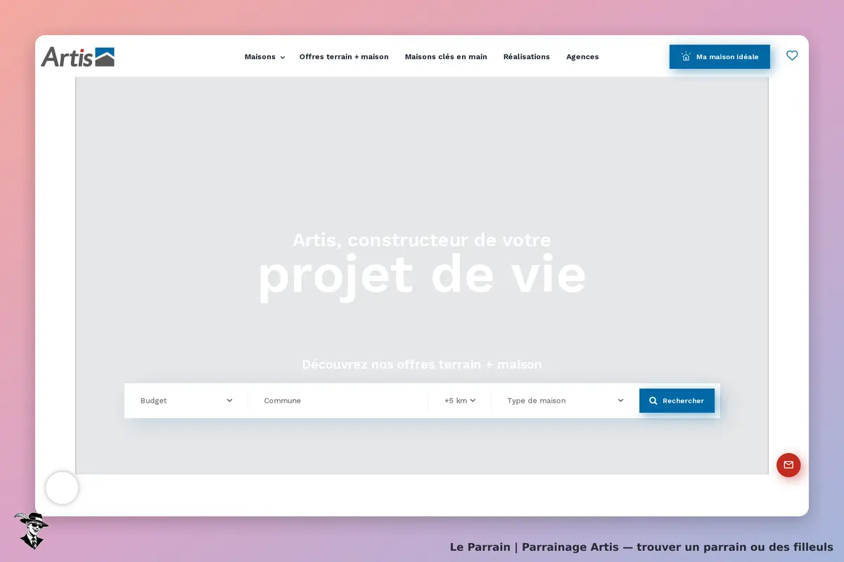 Artis : page d'accueil avec un formulaire de recherche pour projet de maison