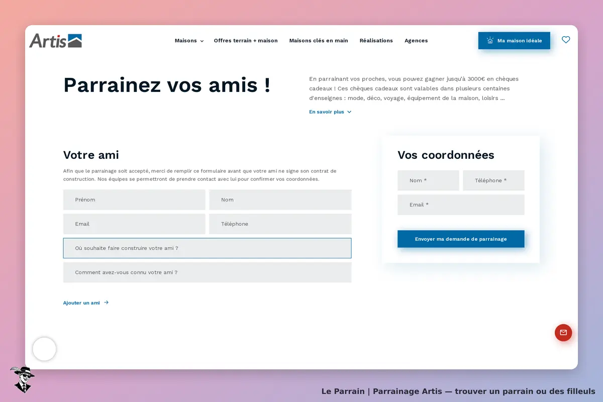Artis : formulaire de parrainage avec champs pour informations personnelles et coordonnées