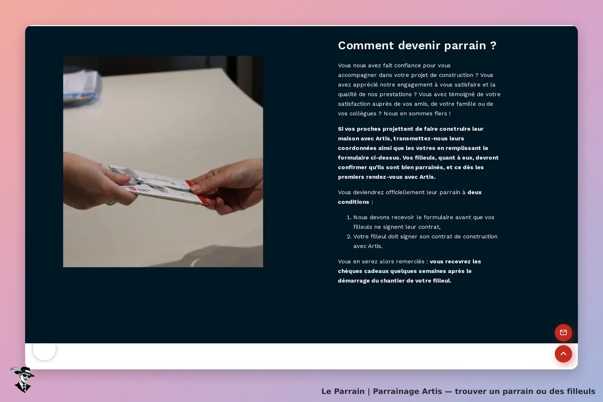 Artis : une main remet un document à une autre main sur une table, avec texte explicatif à droite