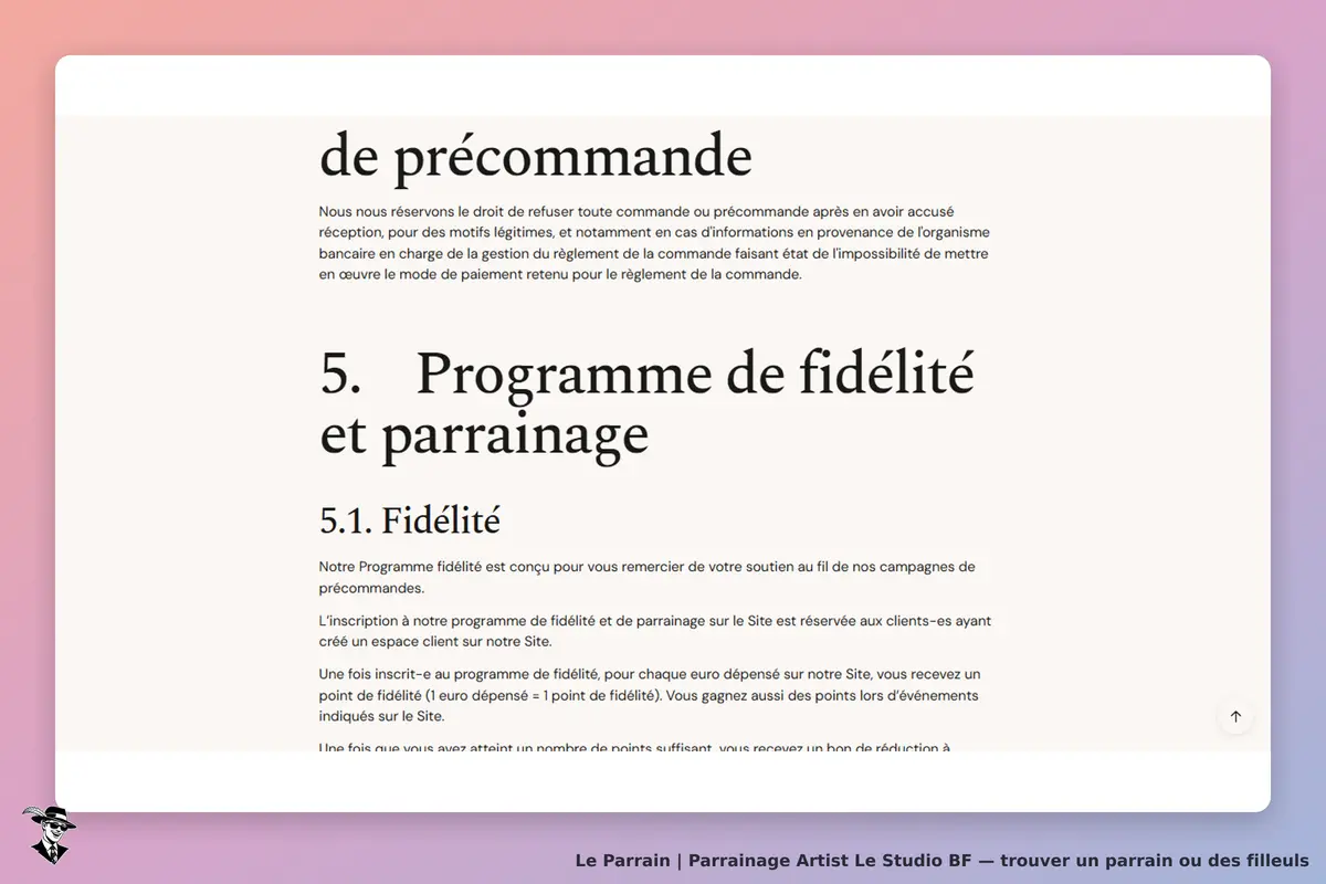 Artist Le Studio BF : section sur le programme de fidélité et de parrainage du site