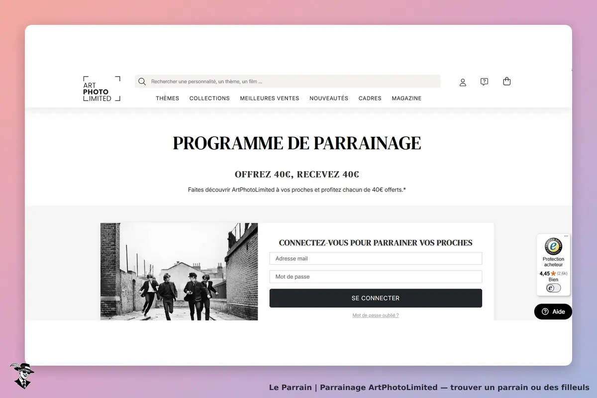 ArtPhotoLimited : page d'accueil avec programme de parrainage et formulaire de connexion