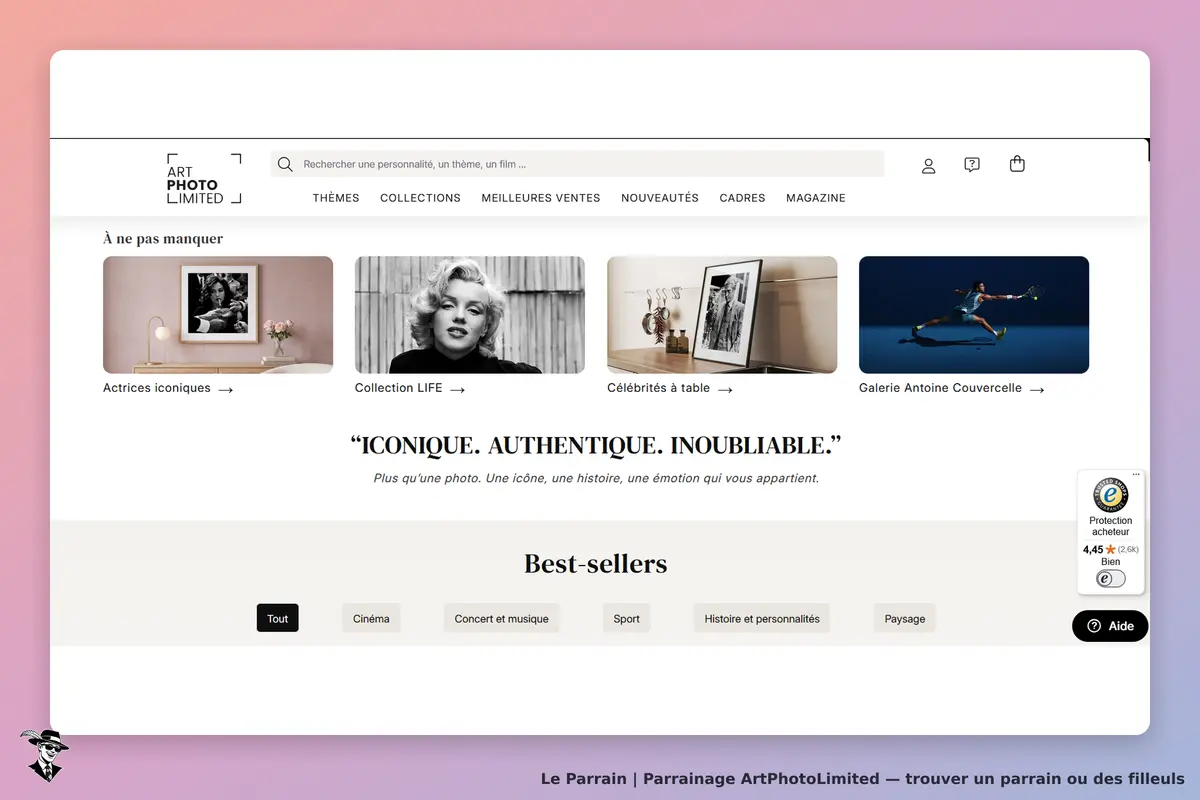 ArtPhotoLimited : page d'accueil avec sections sur des collections et des best-sellers