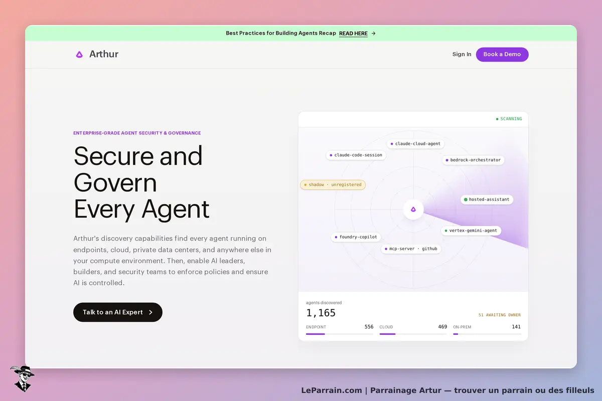 Artur : page d'accueil présentant la sécurité et la gouvernance des agents avec un graphique