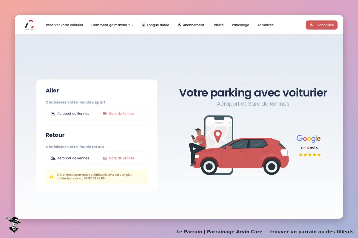 Arvin Care : page d'accueil avec formulaire de réservation et illustration d'une voiture rouge