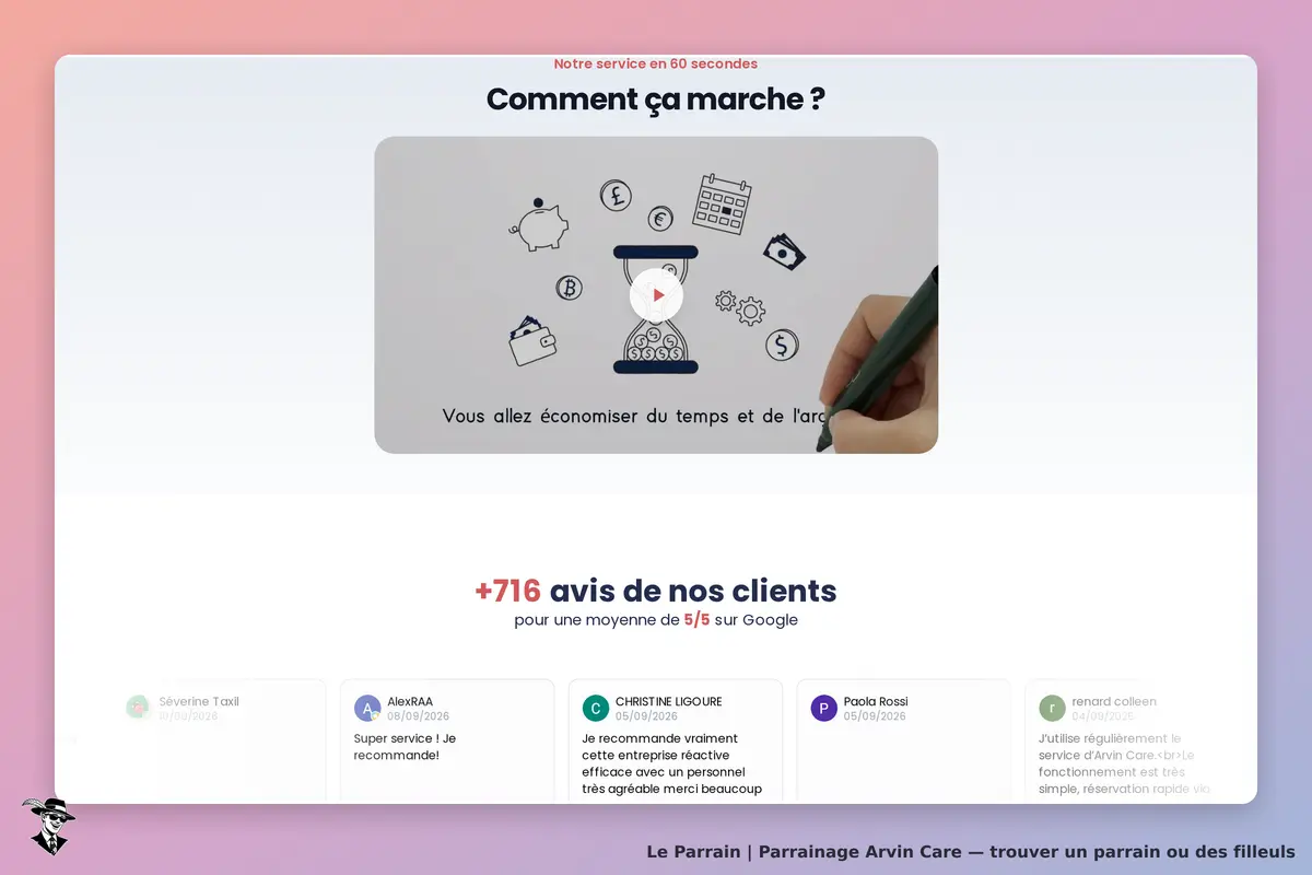 Arvin Care : page d'accueil avec vidéo explicative et avis clients en dessous