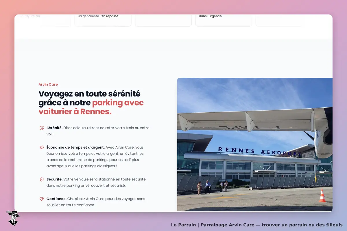 Arvin Care : page d'accueil présentant le service de parking à l'aéroport de Rennes