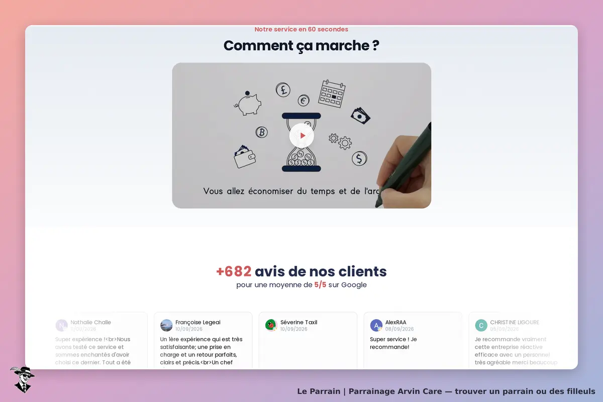 Arvin Care : section explicative avec vidéo et avis clients sur un fond dégradé