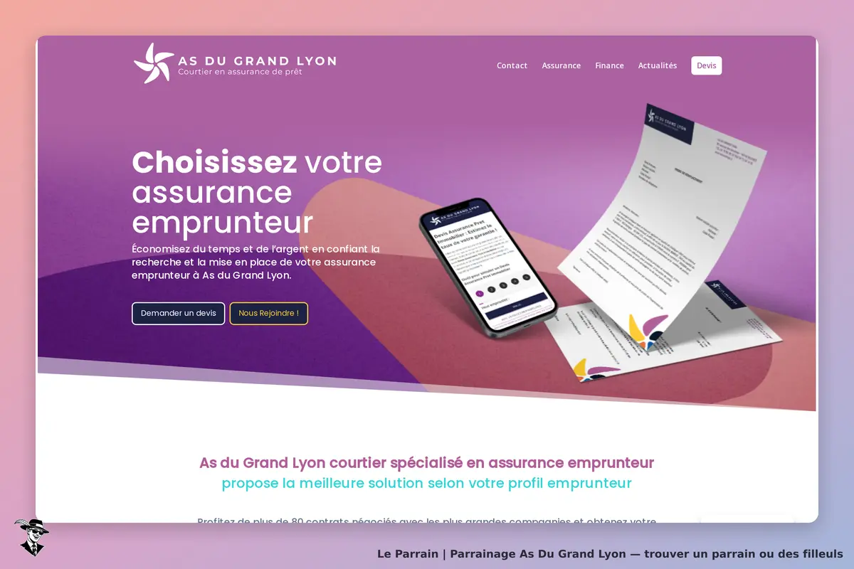 As Du Grand Lyon : page d'accueil avec un formulaire et des documents sur l'assurance emprunteur
