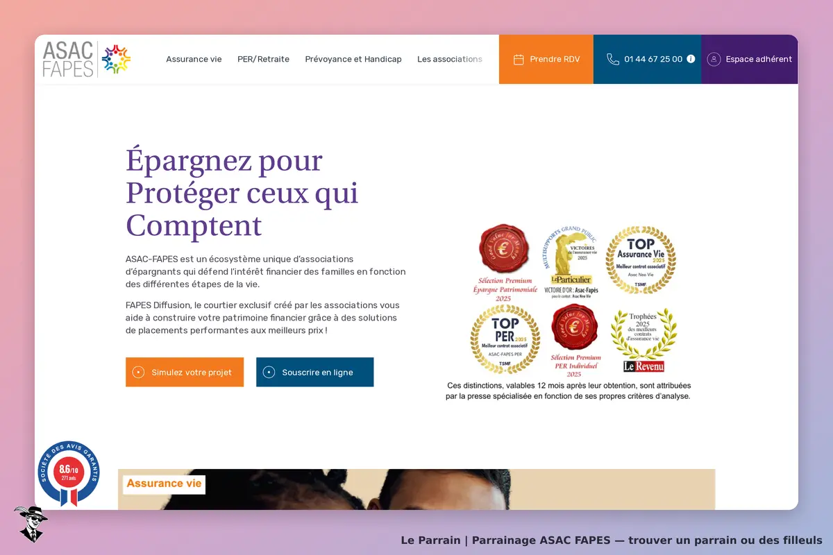 ASAC FAPES : page d'accueil avec slogan et informations sur les services d'épargne et distinctions