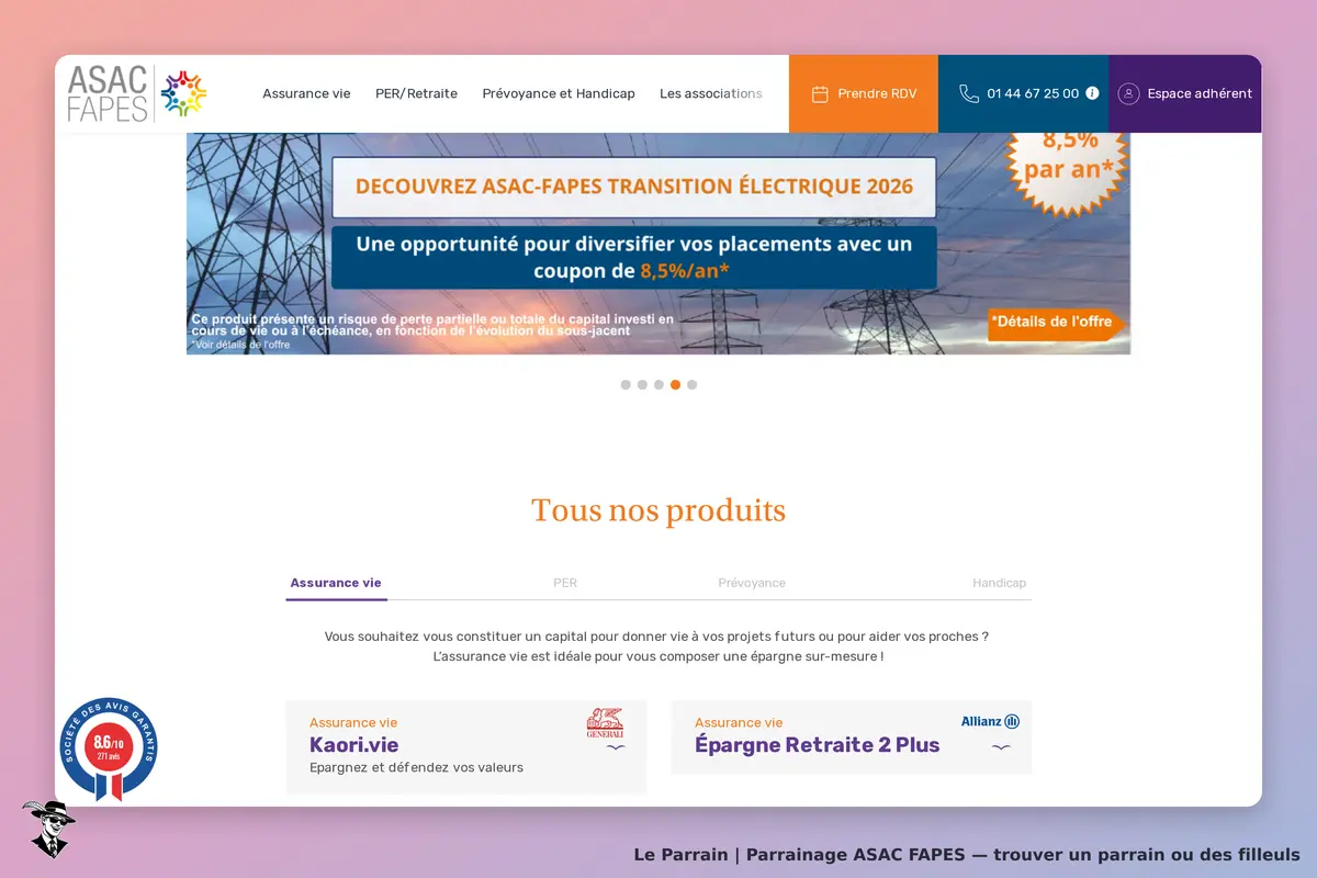 ASAC FAPES : page d'accueil avec informations sur l'assurance vie et différents produits affichés