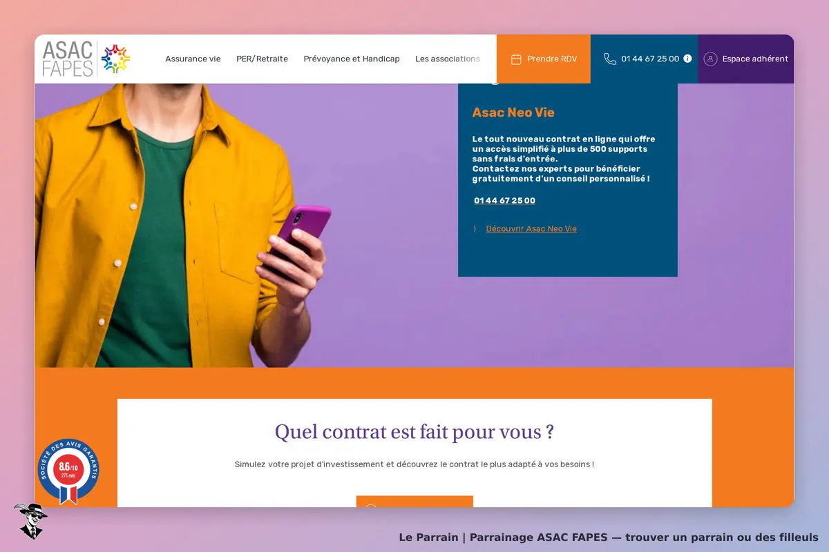 ASAC FAPES : page d'accueil avec un homme tenant un téléphone et des informations sur un contrat