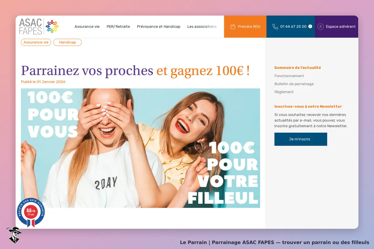 ASAC FAPES : page d'accueil avec deux femmes souriantes et un texte sur le parrainage