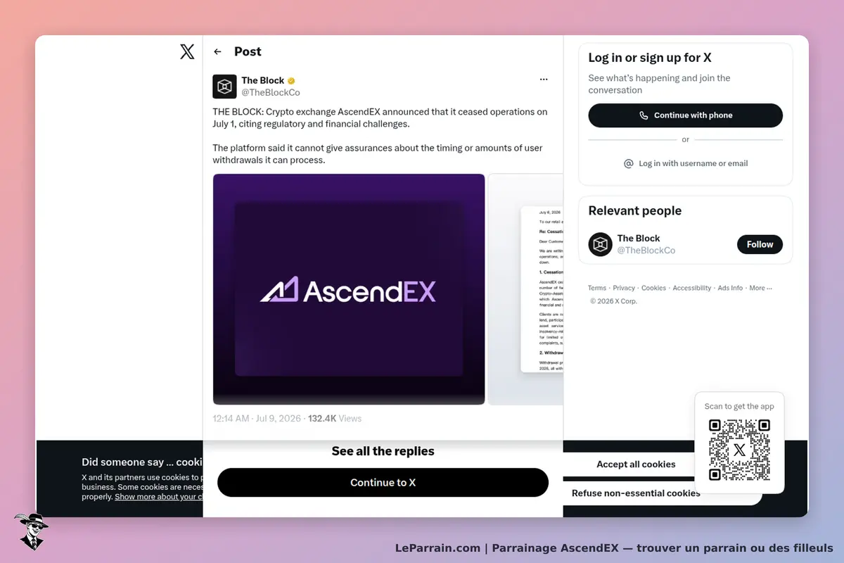 AscendEX : logo de la plateforme sur fond violet dans un post de réseau social