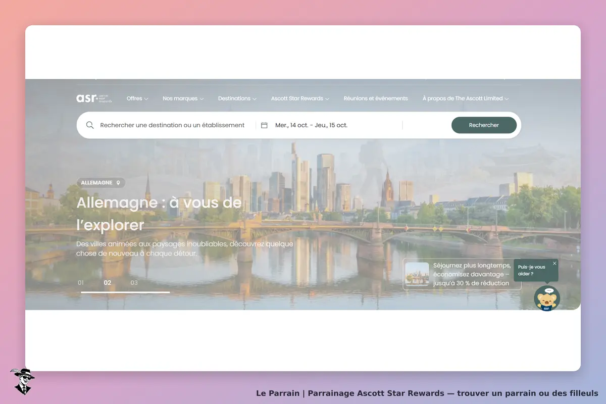 Ascott Star Rewards : page d'accueil avec une image de paysage urbain en Allemagne et un formulaire