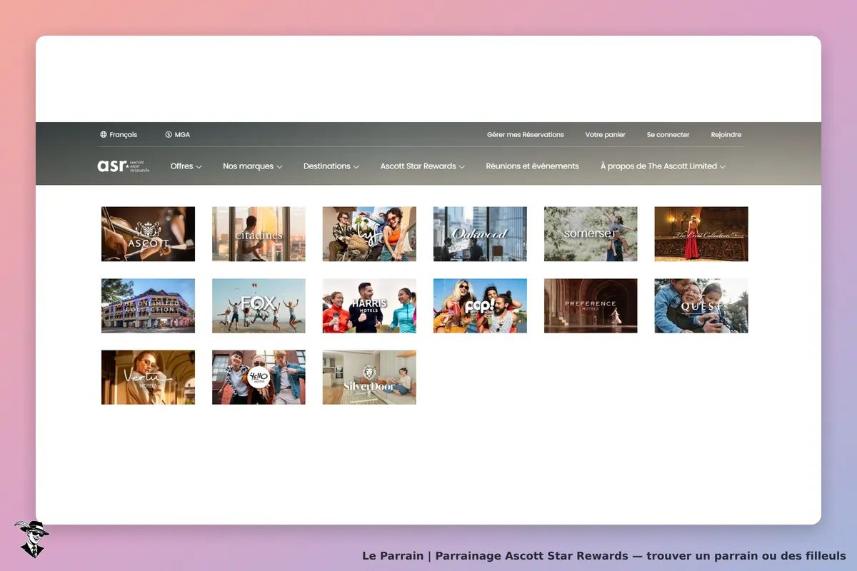 Ascott Star Rewards : page d'accueil avec des logos de marques et des images de destinations
