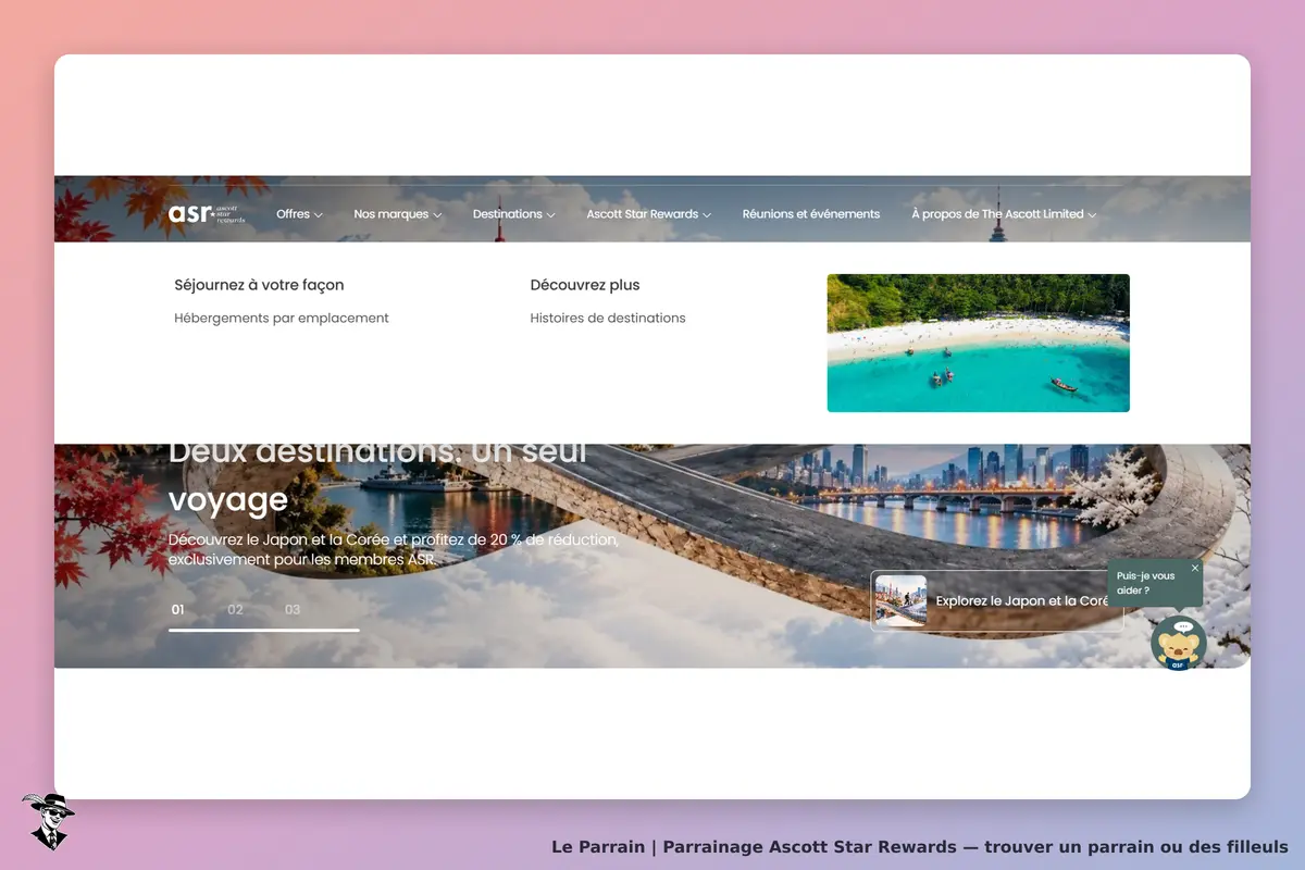 Ascott Star Rewards : page d'accueil avec des destinations et images de paysages