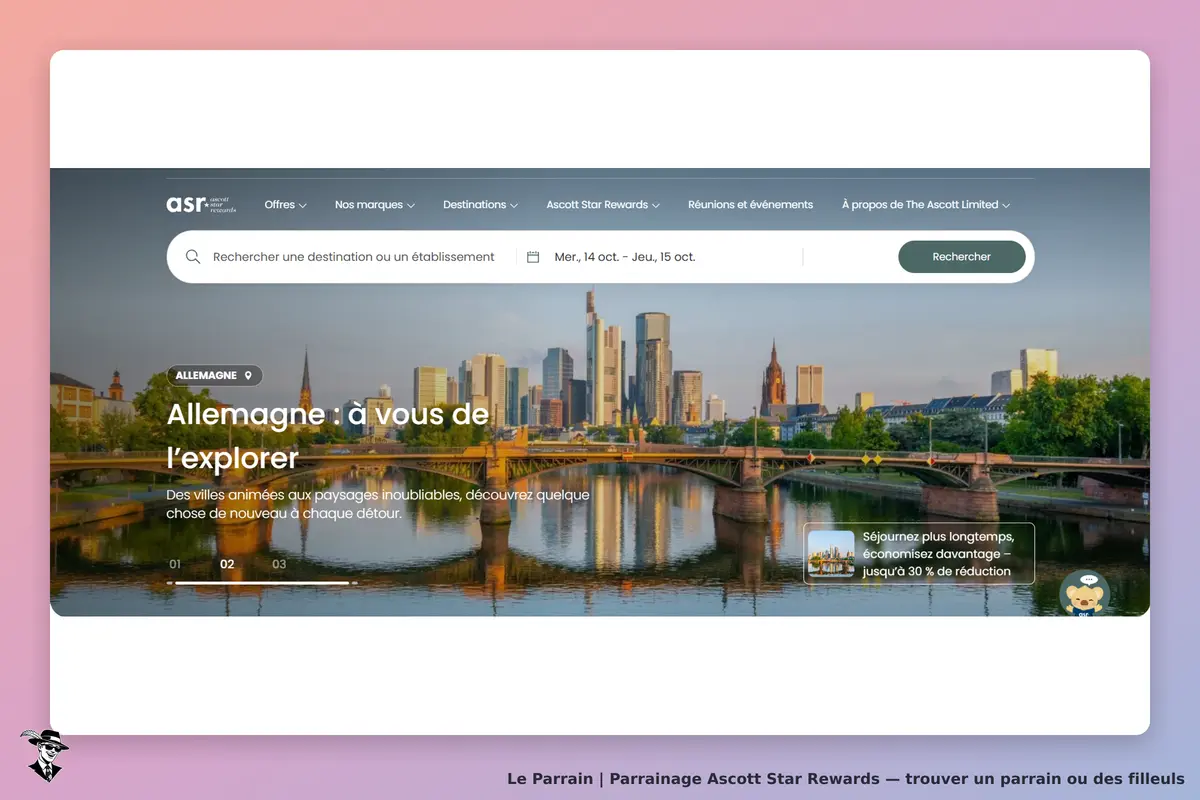 Ascott Star Rewards : page d'accueil avec un paysage urbain et un champ de recherche