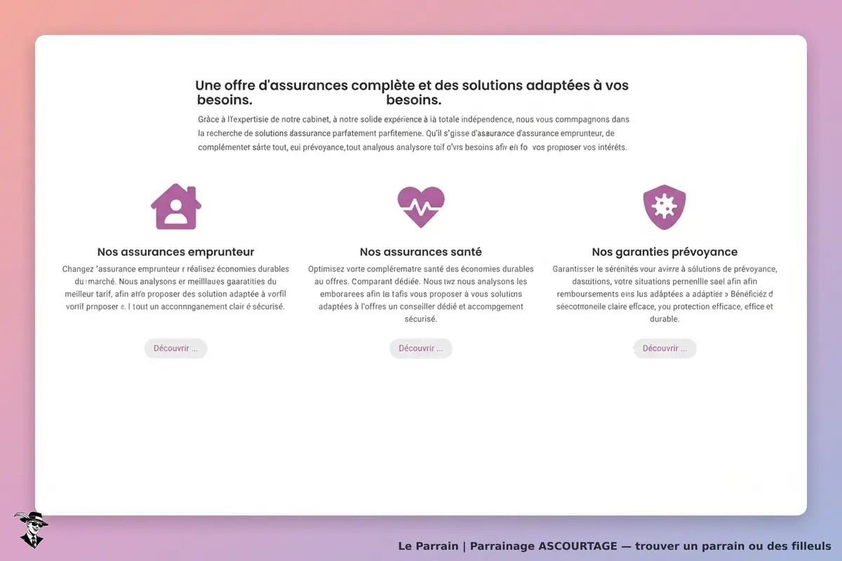 ASCOURTAGE : page d'accueil présentant des solutions d'assurances et trois catégories de services