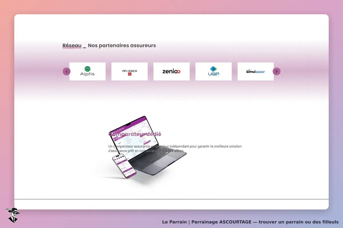 ASCOURTAGE : logos de partenaires assureurs et visuel d'un comparateur sur ordinateur et mobile
