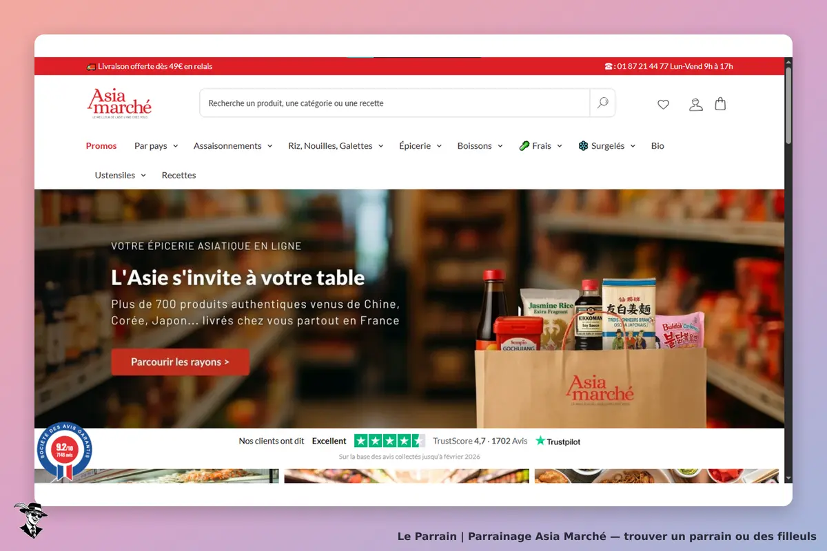 Asia Marché : page d'accueil présentant des produits asiatiques et un sac de courses