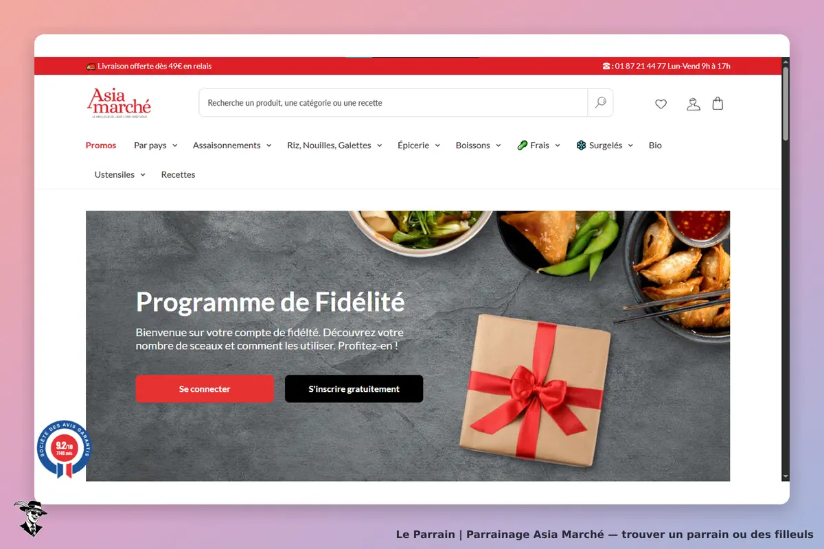 Asia Marché : page d'accueil avec programme de fidélité et visuel de plats asiatiques