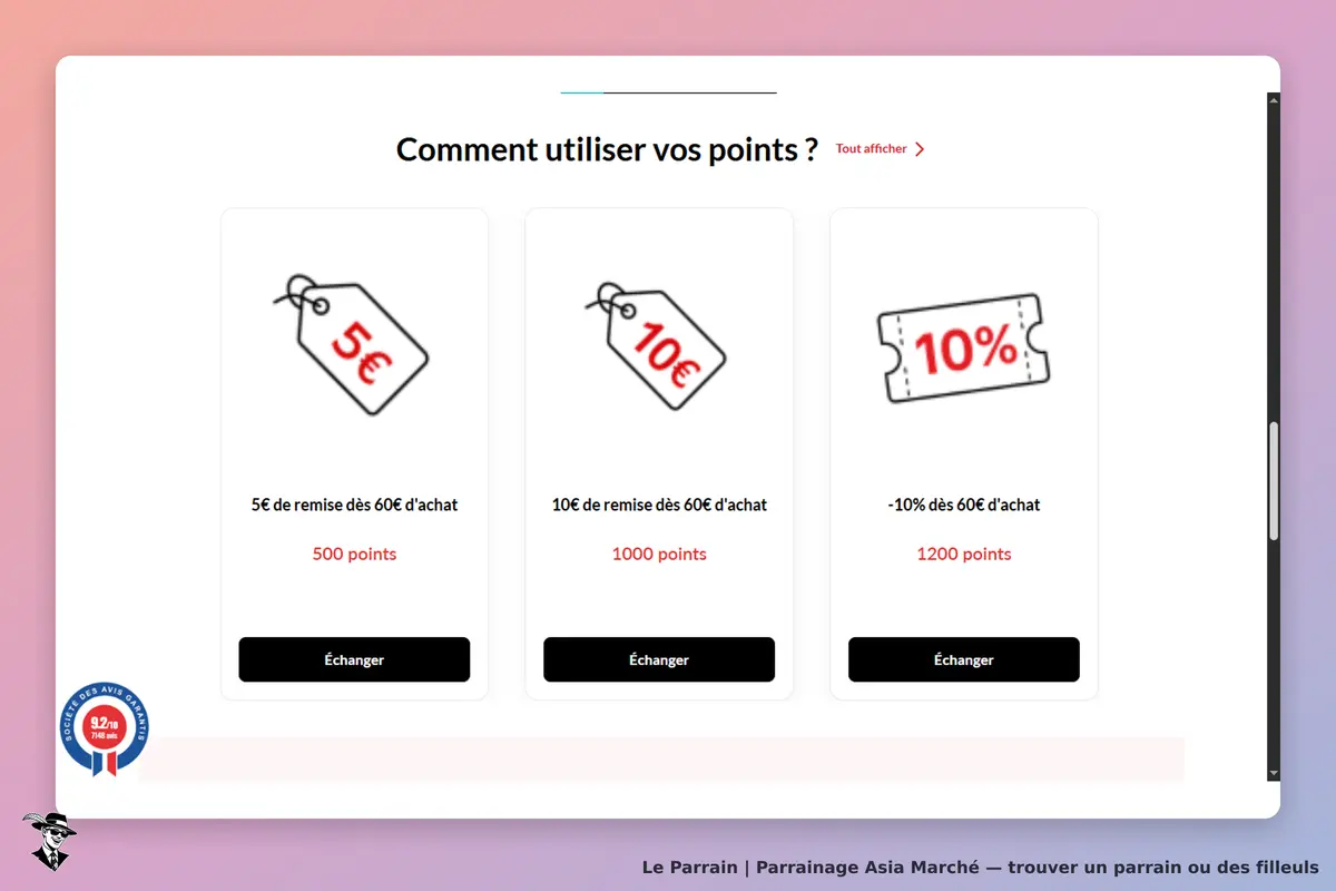 Asia Marché : options d'utilisation des points avec remises affichées et boutons d'échange
