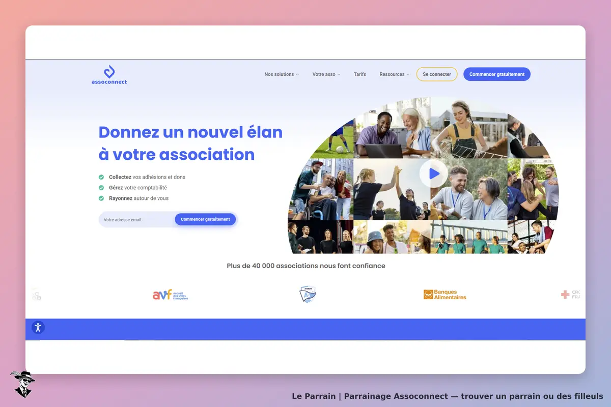 Assoconnect : page d'accueil avec un formulaire et des images d'activités associatives