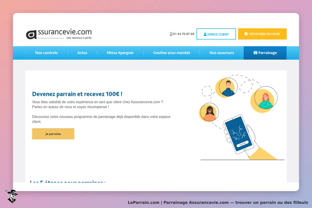 Assurancevie.com : page d'accueil avec programme de parrainage et illustration de smartphone