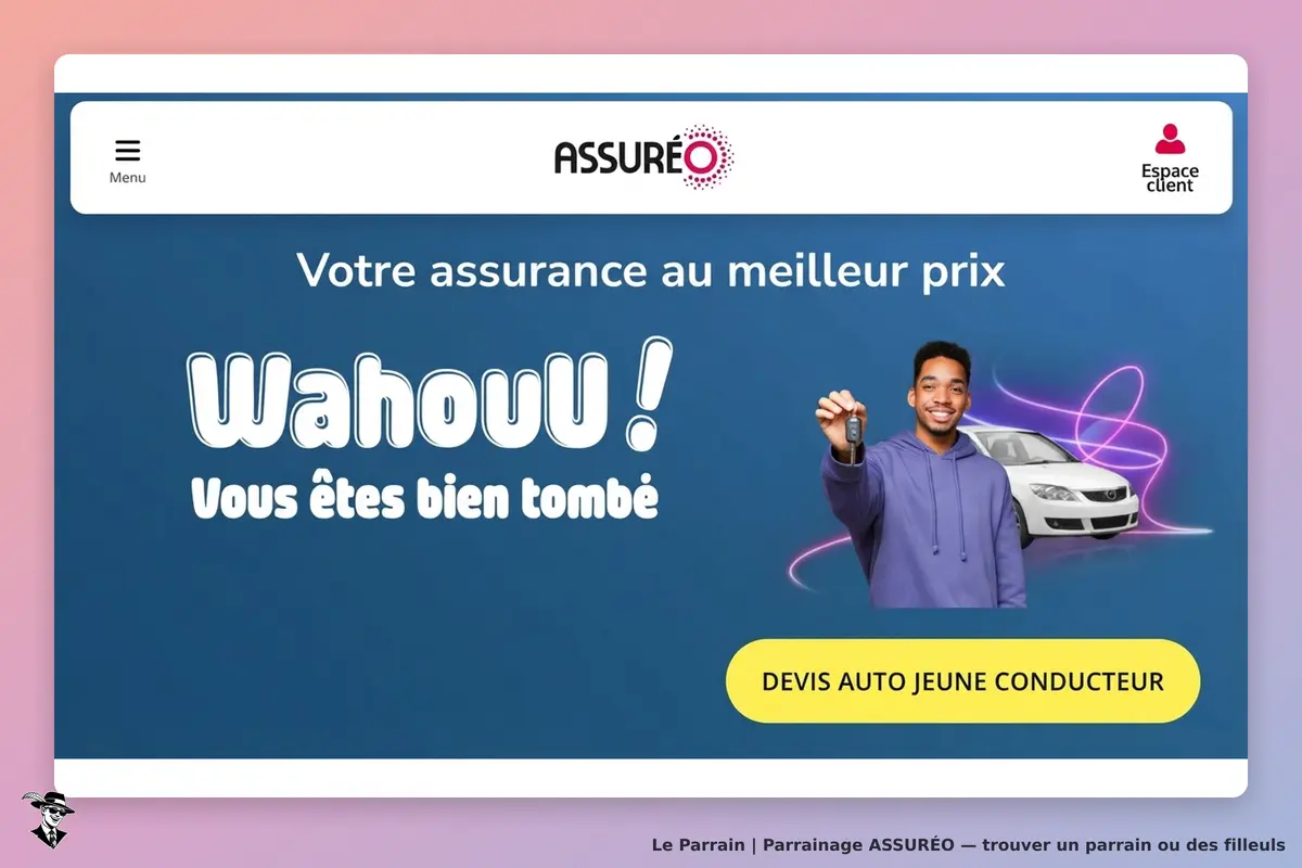 ASSURÉO : page d'accueil avec un jeune homme tenant des clés de voiture et un bouton de devis