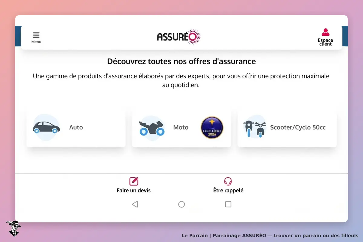 ASSURÉO : page d'accueil avec options d'assurance auto, moto et scooter, et boutons de contact